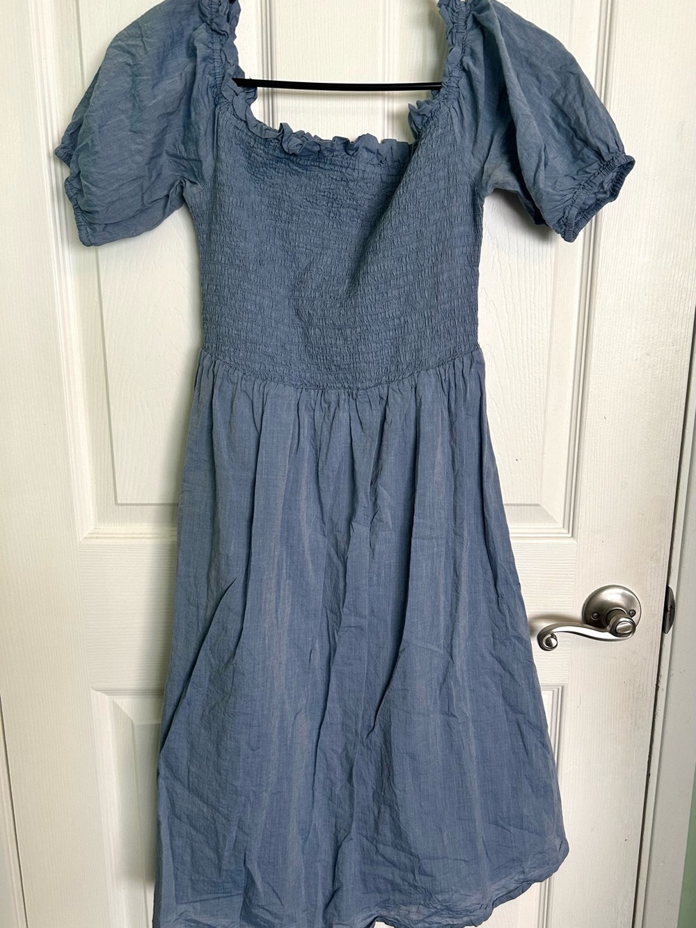 Smocked Puff Sleeve Midi Dress - Denim Blue